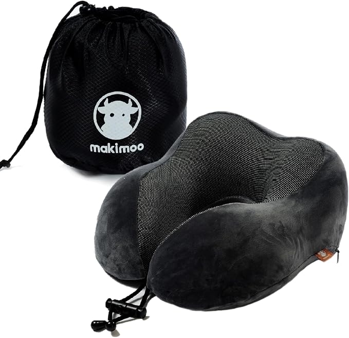 Memory Foam Travel Pillow, Neck Pillow with 360-Degree Head Support, Comfortable and Lightweight, Ideal for Sleeping on Airplane, Car, Train, Bus and Home Use, Comes with Storage Bag (Grey) by Makimoo