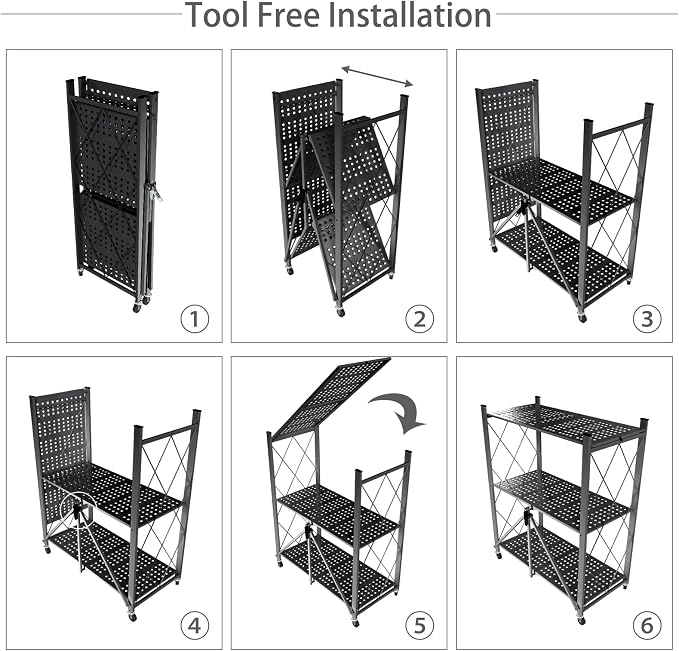 3 Tier Foldable Storage Shelf with Wheels Garage Shelving | Unit Loads 550 LBS, Metal Steel Collapsible Shelves, Rolling Standing Utility Rack for Kitchen, Pantry, Office, Black - Image 7
