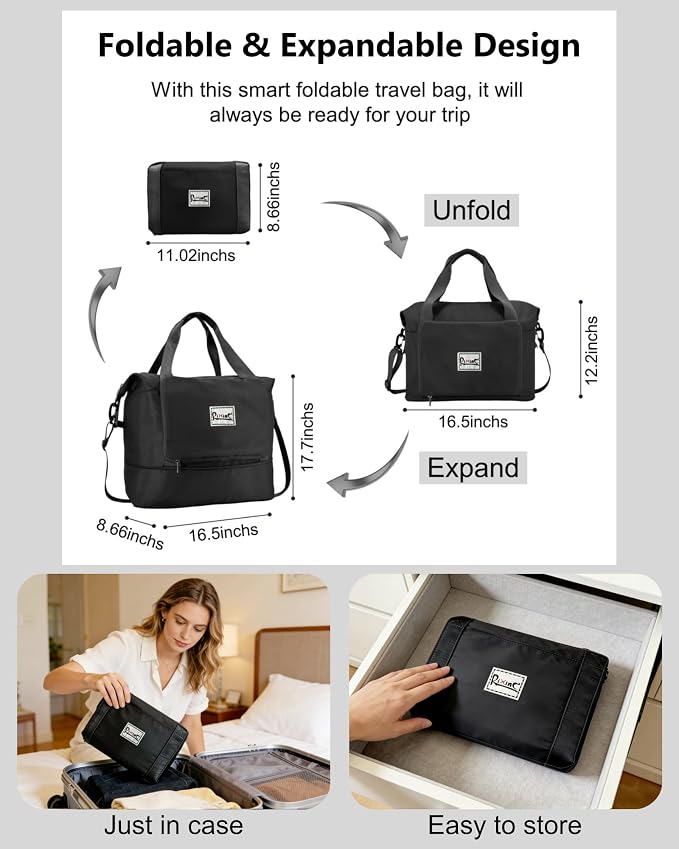 Foldable Travel Duffel Bag for Women, Black | 40L Expandable Water-Resistant Carry on Bag, Personal Item Travel Bag Flight Approved with Wet Pocket for Gym Travel, Nylon - Image 5