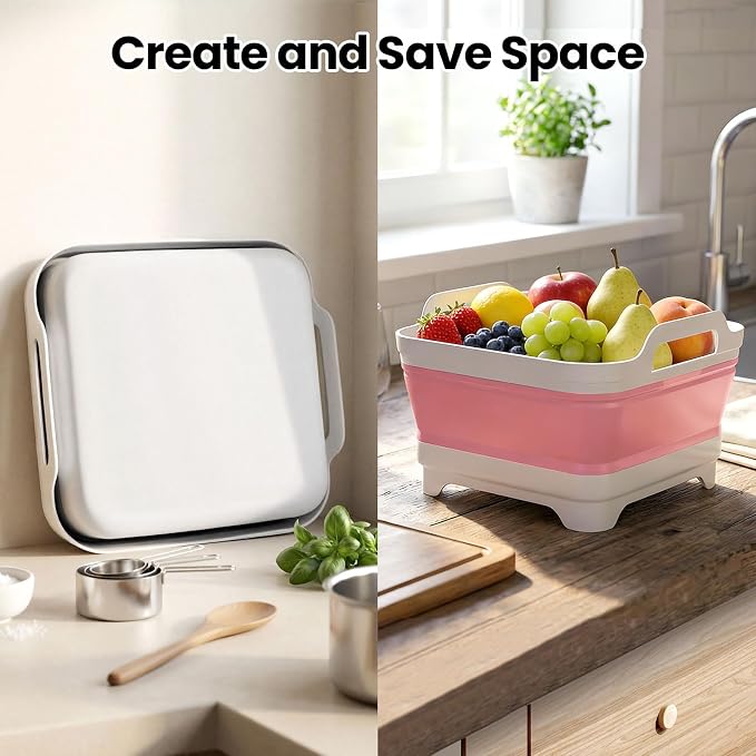 Volnamal Collapsible Wash Basin with Drying Rack & Drain Plug (Pink) | Portable 2.4 Gal Dish Tub, Foldable Basin for Baby Bottle, Vegetable, Camping Sink, Kitchen, RV, Camp, Outdoor Space-Saving - Image 8