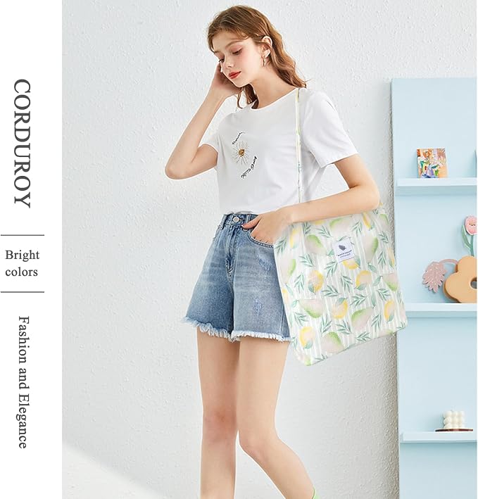 LHMTQVK Corduroy Tote Bags for Women, Large Capacity Tote Purse Reusable Grocery Shoulder Bag with Inner Pockets - Image 5