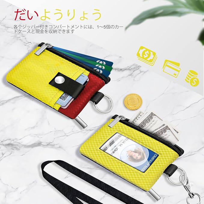 Minimalist RFID Blocking Small Wallet with ID Window,WaterResistant Zip Id Case Wallet with Lanyard Keychain for Cards,Cash,Travel,Women,Men (Lemon Yellow/Red) - Image 7