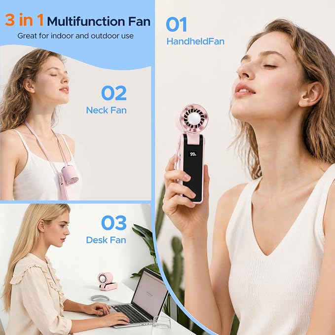 QearFun Portable Handheld Fan With Ice Cooling, 3-In-1 Rechargeable Personal Fan, 5-Speed Settings (1–199), Compact Pocket Fan Ideal For Travel, Outdoor Activities, Home, And Office (pink) - Image 7