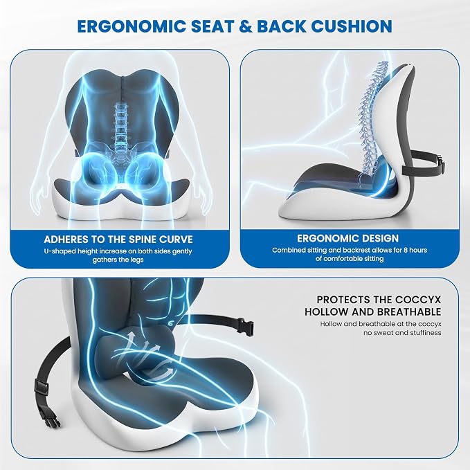 Large Car Seat Cushion with Lumbar Support Pillow for Long Sitting | Hollow Design for Coccyx, Reducing Sciatica Pressure, Tailbone & Lower Back Comfort, Memory Foam Cushion, Non-Slip for Chair - Image 5