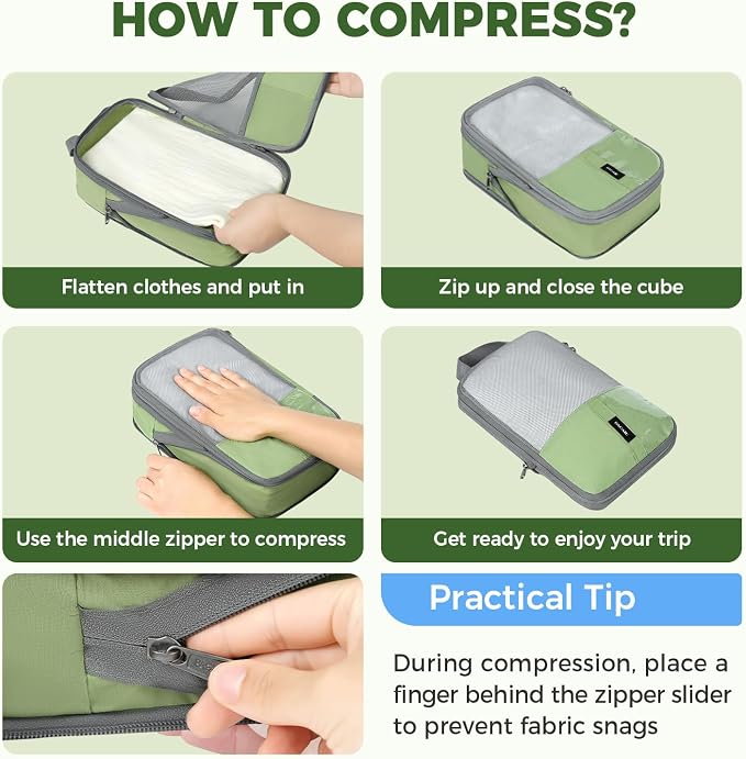 BAGAIL Lightweight Compression Packing Cubes for Travel, 6 Set,Matcha Green | Salis Nylon Fabric,Anti-Tearing,Save Space,SBS Zippers,Packing List,PVC Tag Pocket,Custom Labels,Visible Mesh,Portable Handel - Image 6