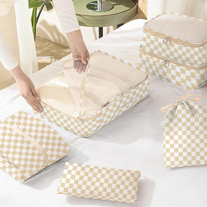 8 Set Packing Cubes for Travel, Luggage Packing Organizers Accessories Large Toiletries Bag for Clothes Shoes Cosmetics (Khaki Checkered) - Image 6