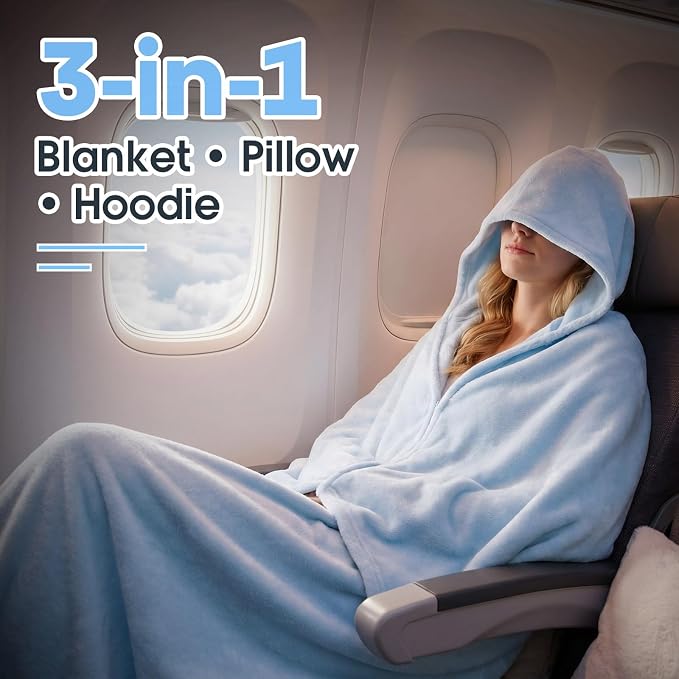 Hooded Wearable Fleece Travel Blanket Airplane with Snap Closure, Foldable Travel Pillow, Compact Carry Carabiner Strap, Soft 60''x50'' Fleece Blanket for Plane Office Gift(Blue) - Image 2