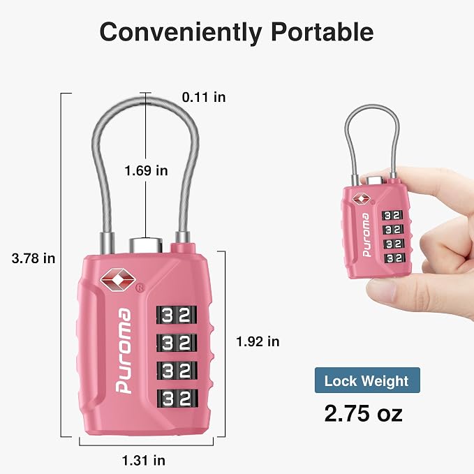 Puroma 2 Pack TSA Approved Luggage Locks 4 Digit Code Cable Lock Pink Rose | Resettable, Flexible Cable, Zipper holes, Zinc Alloy, Bright Color, Large White Numbers, Suitcase Train Travel, laptop bag - Image 3