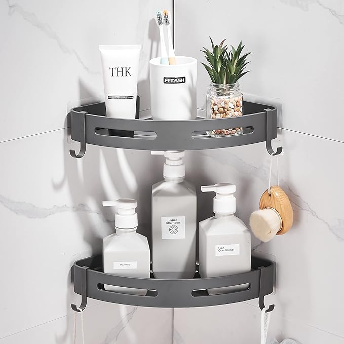 2-Tier Corner Shower Shelf, Dark Grey | No Drilling Bathroom Shelves Shower Caddies Adhesive Bath Corner Shelf Wall Mounted Bathroom Shower Caddy Organizer by Hoomtaook