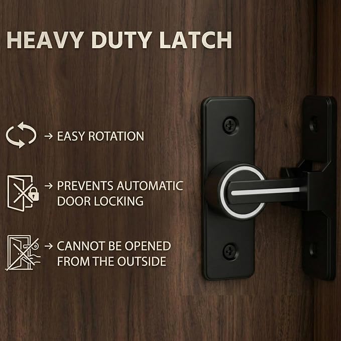 Barn Door Lock Latch – 90-Degree Barn Pet Baby Door Latch Slide Lock – Home Security Door Lock for Bathroom, Garage, Bedroom, Cabinet, Barn – Durable Zinc Alloy Security Door Lock (Black-Luminous) - Image 4