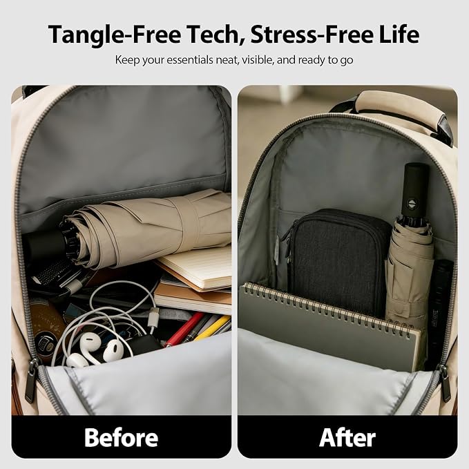 Double Layer Cable Organizer Bag Water-Resistant Tech Pouch Black | Padded Oxford fabric construction with 8 compartments and elastic loops to securely store chargers, power banks and cords. - Image 4