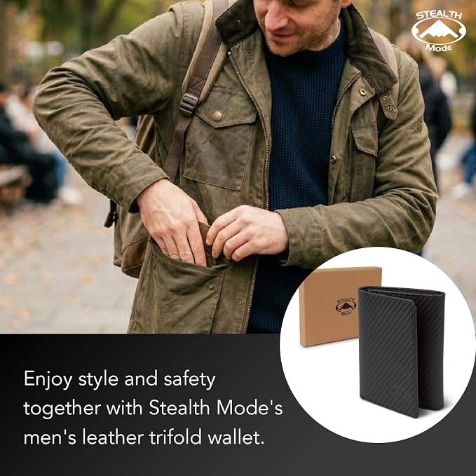 Stealth Mode Trifold Leather Wallet for Men with RFID Blocking (Carbon) | Top Grain Napa Leather, 9 Card Slots, ID Window, Gift Box – Gift for Dad, Husband, or Son - Image 6