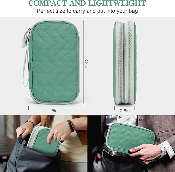 FYY Electronic Organizer, Travel Tech Pouch Bag, Medium, Green Quilted | Wrist Strap, Waterproof, Double Layers Portable Electronics Travel Carrying Case for Cord, Charger, Daily Business Trips Use - Image 2