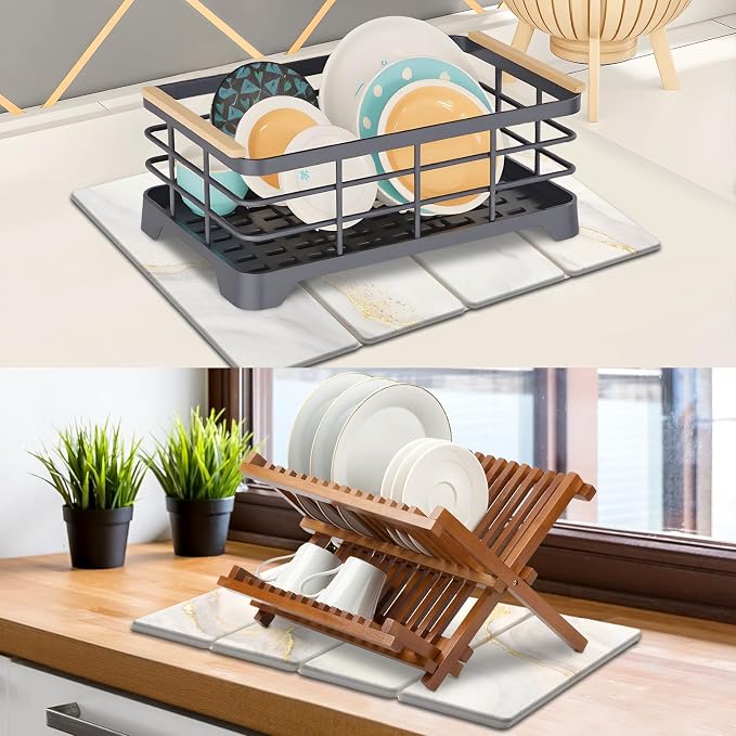 Large Stone Dish Drying Mat for Kitchen Counter, 2 PCS Quick Dry Stone Mats, Foldable Water Absorbing Diatomaceous Earth Drying Dishes Pad for Countertop Bottle Utensil Cup(Yellow White 24"x16"&8"x4") - Image 6