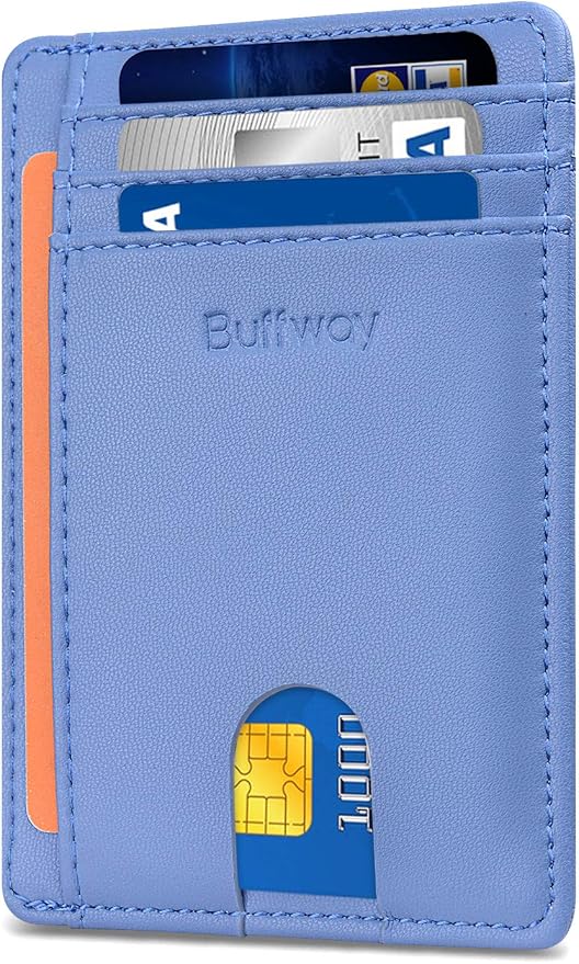 Buffway Slim Minimalist Front Pocket RFID Blocking Leather Wallets for Men and Women - Sand Wathet Blue by Buffway