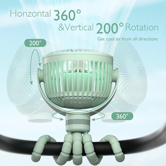 Momcozy 8000mAh Portable Stroller Fan, 27H Ultra-long Battery Life | Detachable 4 Speed 360°Rotate LED Night Light with 2 Modes, USB Rechargeable Handheld Cooling Fan for Travel/Car Seat/Bedroom - Image 7