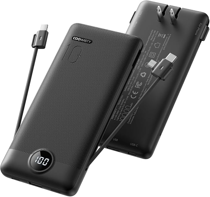 Portable Charger with Wall Plug, Slim USB C Power Bank with Built-in Cables, 10000mah LED Display External Battery Pack Compatible with iPhone/Android & More (Black) by KeepYourLifeCharged%EF%BC%81