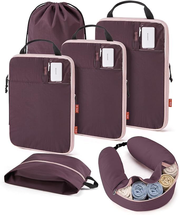 BAGSMART Compression Packing Cubes with Fillable Neck Pillow for Clothes | 1 Wearable Neck Pillow & 5 Travel Bags to Avoid Baggage Fees, Durable, Tear Resistant Washable Taslan Fabric with Card Slots by BAGSMART