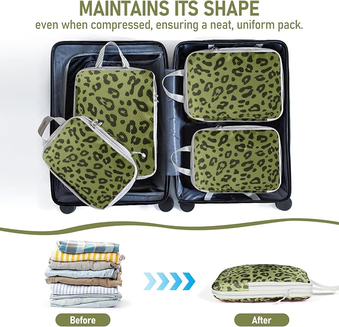 4 Set Compression Packing Cubes For Travel Bags Organizer For Luggage Suitcase Organizer, Compression Bags For Travel Accessories Luggage Storage Set (4 Pcs, Green Leopard) - Image 5