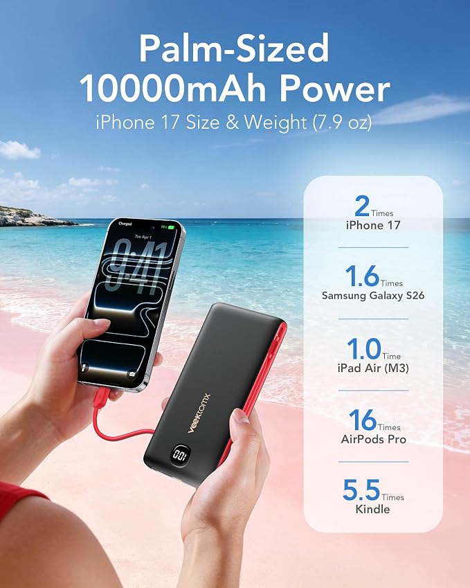 VEEKTOMX Portable Charger with Built-in Cables and AC Wall Plug, 10000mAh | Pocket-Size Travel Power Bank with USB-C and Micro-USB Cables for up to 4 Devices Including iPhone, iPad, Samsung, Black Red - Image 4