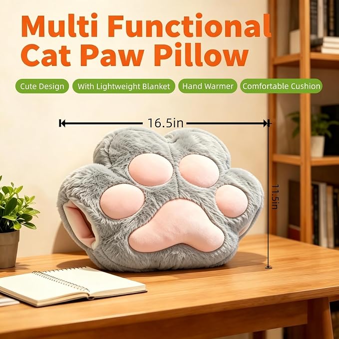 RYOLOY Cat Paw Warm Hand Pillow,with 66 * 35Inch Travel Blanket,2 in 1 Travel Pillow and Blanket Set,for Car Office Camping Essentials (Grey) - Image 2