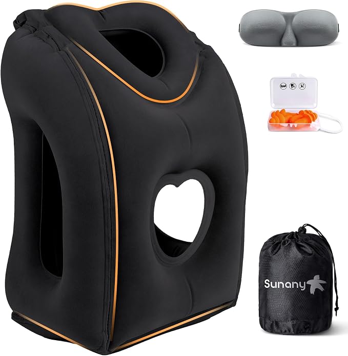 Sunany Travel Pillow, Upgraded Plane Pillow for Long Flights, Inflatable Neck Pillow Used for Airplanes,Cars,Buses,Trains,Office Napping with Eye Mask,Earplugs (Black) by Sunany