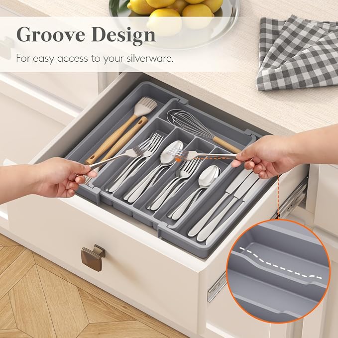 Lifewit Expandable Silverware Drawer Organizer, Kitchen Utensil Tray | BPA-free Plastic Flatware Cutlery Holder, Space-Saving Storage for Spoons Forks Knives, 8.5-14 x 12 x 1.5“, Gray - Image 7