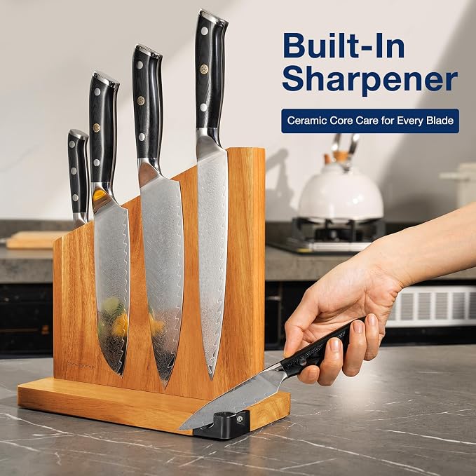 Magnetic Knife Block with Sharpener, Double Sided, Light Acacia | Multi-Row Magnet, Hold 12 Knives as Damascus & Heavy Cleaver, No Slip, Countertop Kitchen Organizer, No Installation, Gift - Image 4