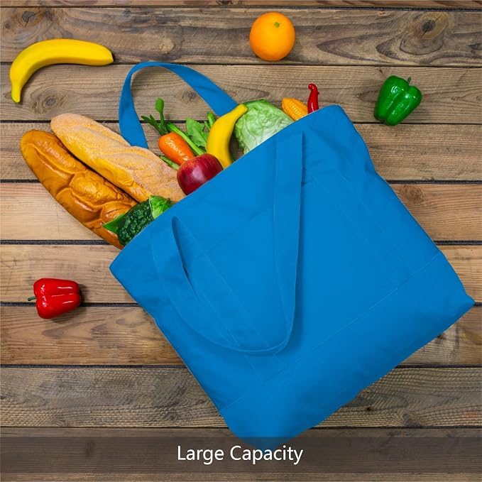 TOPDesign 1-Pack Canvas Tote Bag with an External Pocket, Reusable Grocery Shopping Bag, Top Zipper Closure, Daily Essentials (Ocean Blue) - Image 4