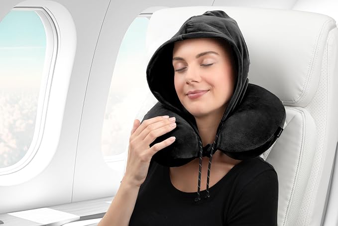 Brookstone Travel Pillow U-Shaped Memory Foam Hooded Pillow with Snap | Attached Hood Blocks Light for Deeper Sleep on Flights, Soft Cushioning Contours to Your Head, Closure Clips to Any Bag - Image 3