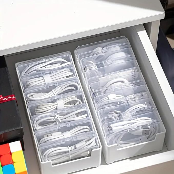 RayHenry Cable Organizer Box with 7 Clear Switch Case, Desktop Charger Cord Storage Organizer Box for Home Office Desk Accessories Wire Organization Stationery Supplies (white) - Image 7