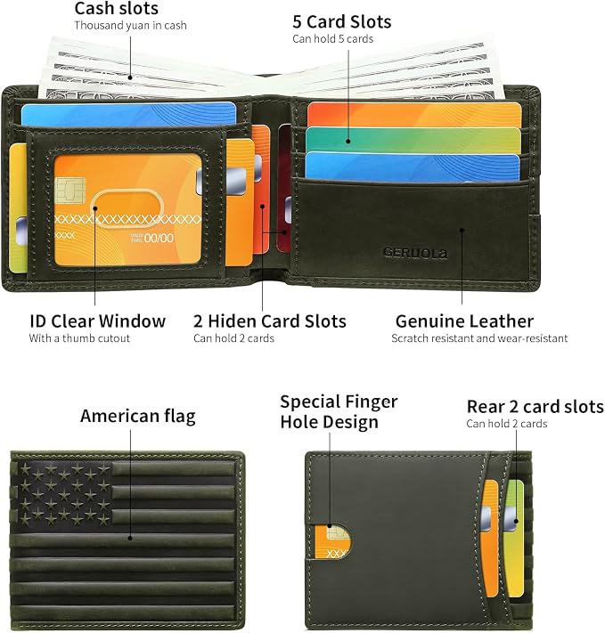 Wallet for Men-Genuine Leather RFID Blocking Bifold Stylish Wallet American Flag Wallet With 1 ID Window (Green, Without ID Window) - Image 2