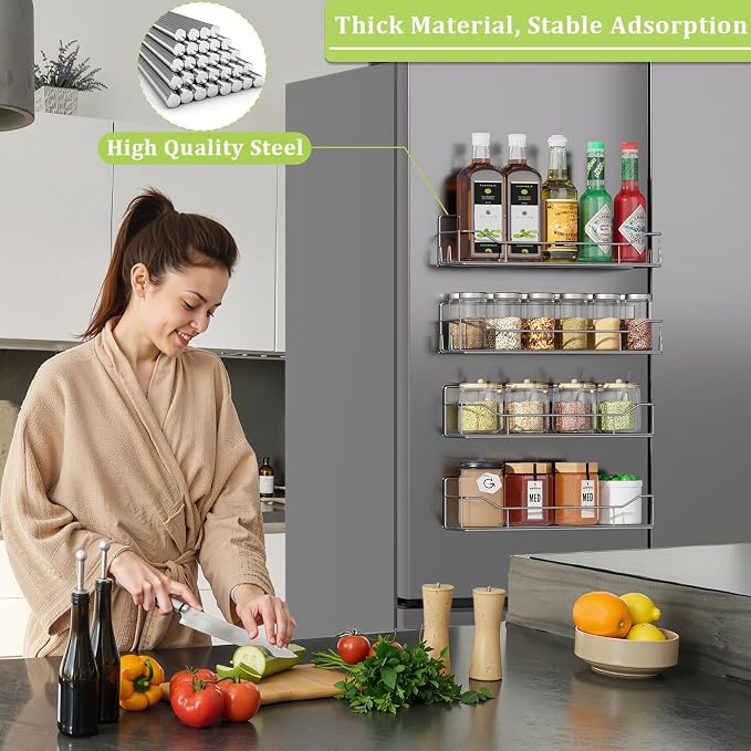 Magnetic Spice Rack for Refrigerator, 4 Pack Metal Strong Magnet Spice Organizer Shelves, Magnetic Fridge Shelf for Kitchen Seasoning Organizer Gadgets, Home Organization and Storage (Grey) - Image 6