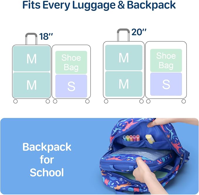 Kids Compression Packing Cubes - 4 PCS Sets, Blue Dinosaur | Water Resistant 4 Piece Set with Shoe Bag, Toddler Suitcase Organizer Set, Expandable Storage for Luggage - Image 4