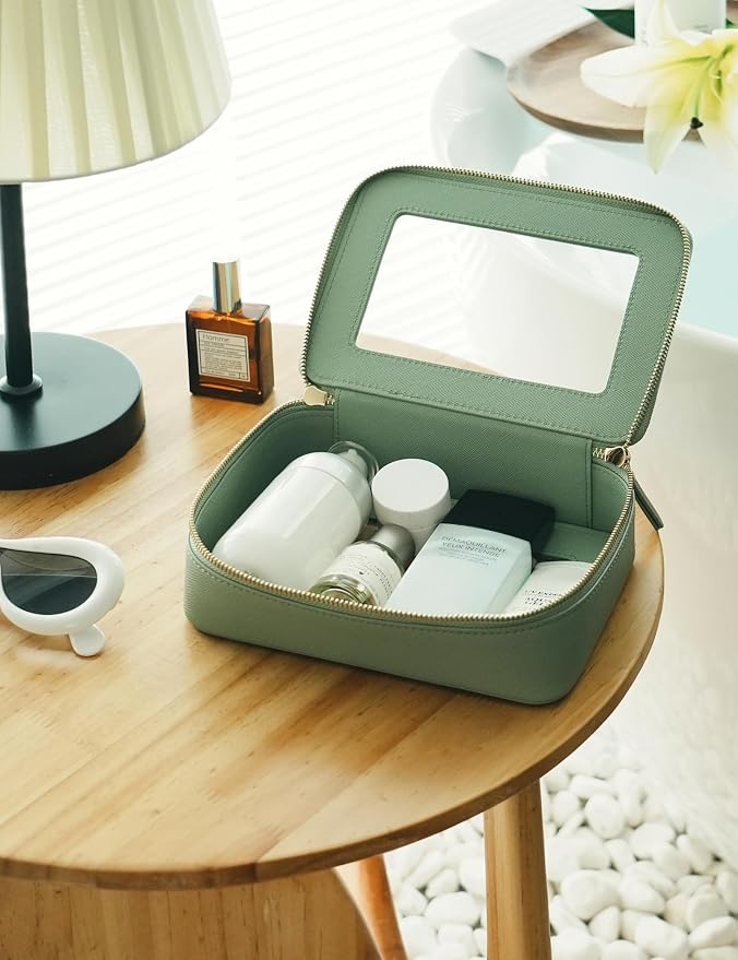 Clear Makeup Bag with Zipper Travel Toilrty Bag Sage Green Medium | Structured Clear Cosmetic Case for Women, Car Essential Organizer Bag, Waterproof PU Leather, Dual Zipper, Wide Opening - Image 5
