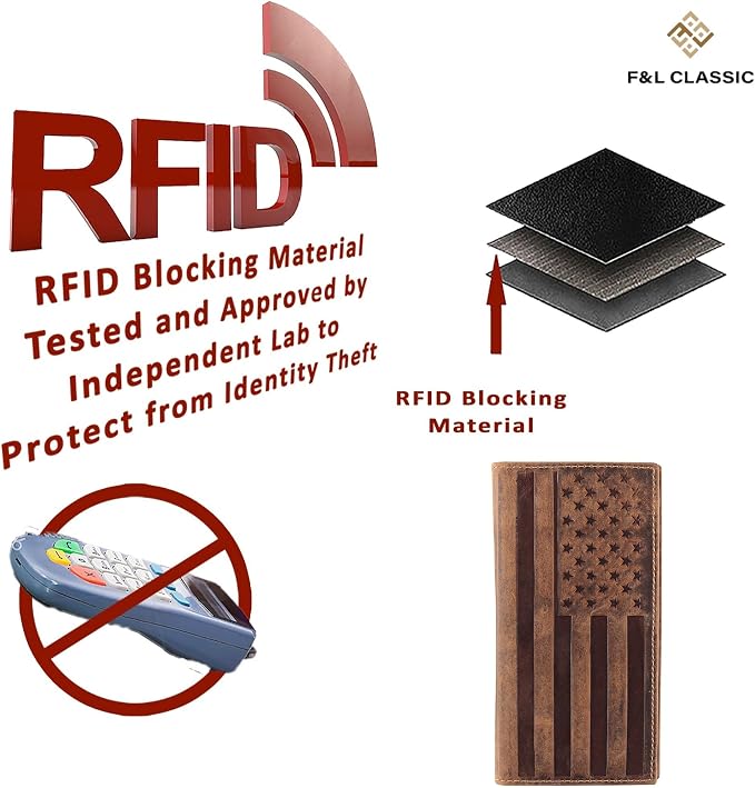 F&L CLASSIC Men's RFID Vintage Look Genuine Leather Long Bifold Wallet Checkbook Wallets,brown flag,240-100 - Image 7