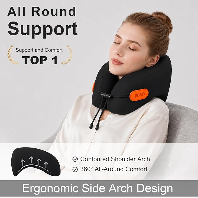 Ergonomic Travel Pillow,100% Memory Foam Travel Neck Pillow for Airplanes | 360° Neck & Chin Support Airplane Pillow For Long Flights,Airplane Travel Essentials With 3d Eye Mask, Earplugs,Carry Case - Image 2