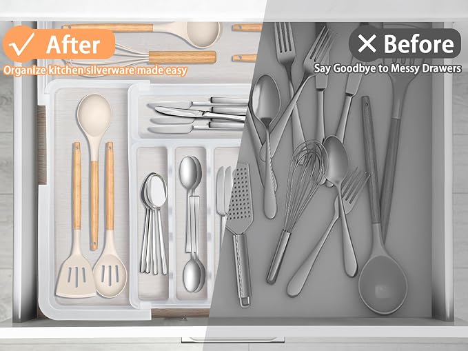 Large Silverware Drawer Organizer Expandable Kitchen Utensil Organizer BPA Free Flatware Cutlery Holder Tray Adjustable Plastic Drawer Divider Storage for Forks Knives 6-9 Slots White - Image 6