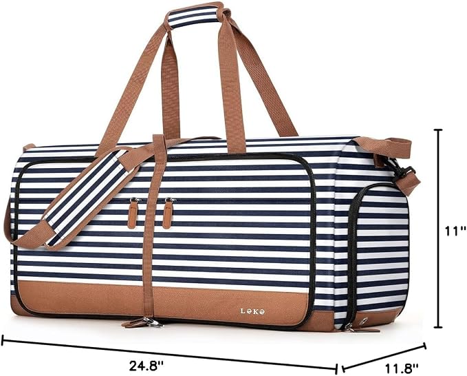 Lekesky Foldable Travel Duffle Bag for Women, 60L Large Duffel Bag with Separate Shoes Compartments & Straps, Carry On Weekend Bag for Women, Hospital, Overnight (Blue Stripes) - Image 7