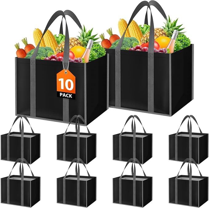 WISELIFE Reusable Grocery Bags with Handles, Foldable, 35L, 10 Pack, Black | Large Shopping Bags with Reinforced Stitching, Water-Resistant Grocery Totes for Kitchen, Market, Car Trunk, Picnic by WiseLife