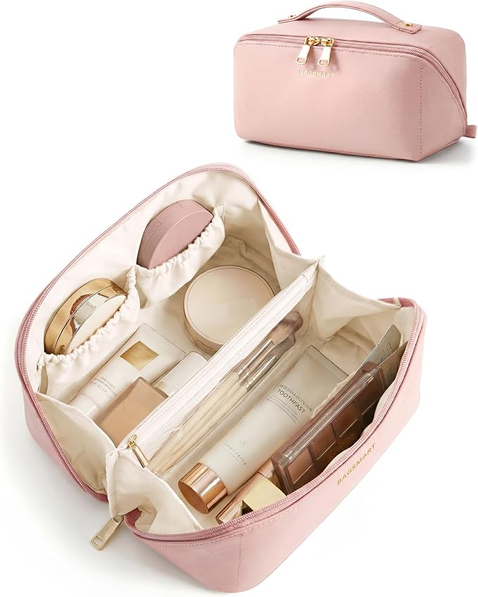BAGSMART Makeup Bag Travel Cosmetic Bag,Women Toiletry Case, Brushes, Pink | Make Up Bag Flat Open Toiletry Bag for Women, PU Leather Travel Essentials Wide-open Skincare,Brushes Organizer Case Large by BAGSMART