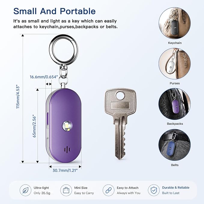 Personal Safety Alarm for Women, 130dB Rechargeable Keychain Alarm with Dual Speakers, LED Strobe Light, USB-C Charging(Purple) - Image 7