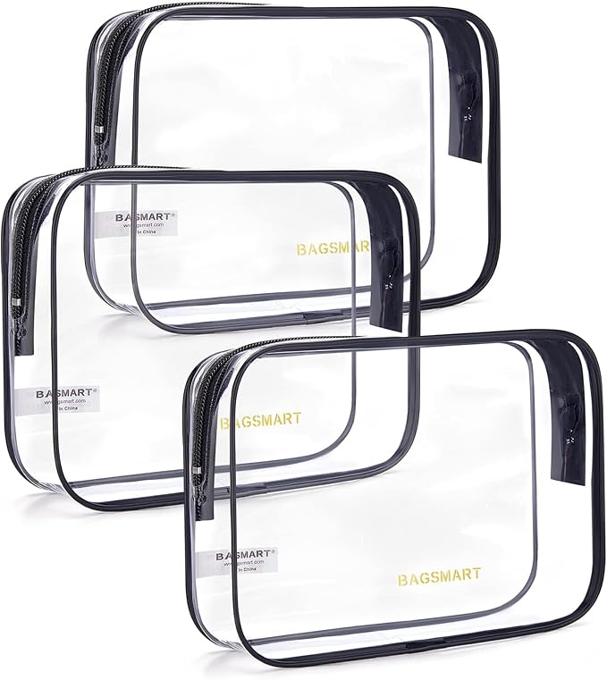 BAGSMART Clear Toiletry Bag 3-Pack TSA Approved Water-Repellent, Black | Carry on Travel Accessories Bag, Airport Airline Quart Size Bags for Women Men, Makeup Cosmetic Bag by BAGSMART