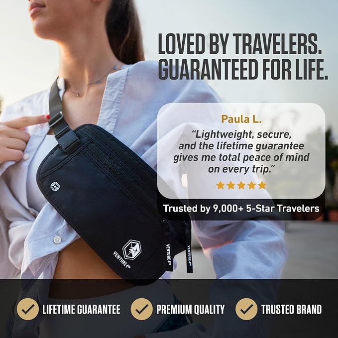 VENTURE 4TH Travel Money Belt, RFID Blocking Passport Holder - Pure Black - Image 7