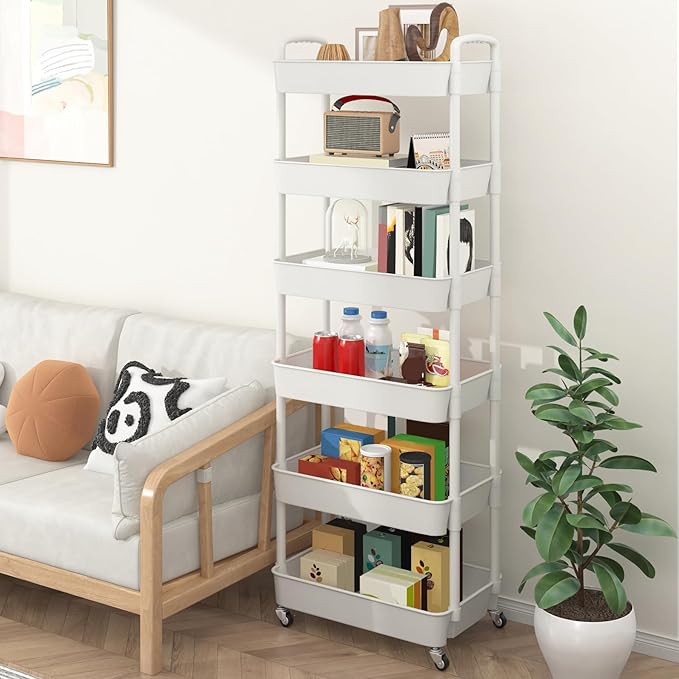 Sywhitta 6-Tier Plastic Rolling Utility Cart with Wheels for Storage,White | Multi-Functional Storage Trolley, for Office, Living Room, Kitchen, Bathroom,Movable Organizer,Space-Saving,Easy to assemble - Image 6
