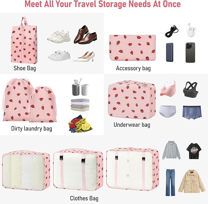 Packing Cubes for Travel - 8 Set Luggage Organizer Bags for Family, Mesh Breathable Packing Cubes for Suitcases Durable Travel Essentials Bags Set (Pink Strawberry) - Image 5