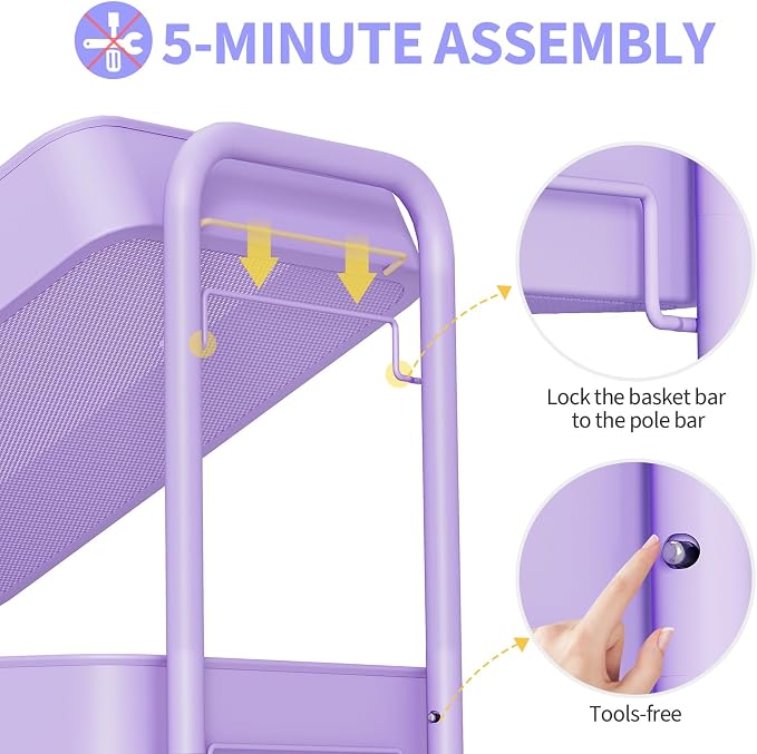 TOOLF 3 Tier Metal Rolling Cart, Utility Storage Cart with Wheels, Purple | Screwless Assembly, Lockable Metal Wheels, Trolley Organizer for Bathroom, Kitchen, Office, Dorm, Laundry, Craft Room - Image 3