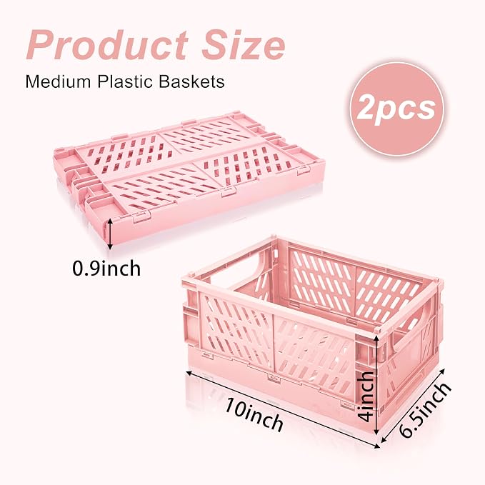 2 Pack Mini Foldable Small Plastic Baskets for Organizing and Storage，Collapsible Storage Crates,Mini Bins for Home Kitchen Bedroom Bathroom Office (Pink, Large 10x6.5x4) - Image 2