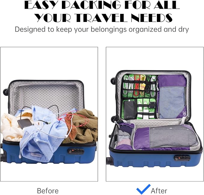 NiHome 7PCS Compression Packing Cube Set Expandable Mesh Travel Bag Luggage Organizers with Electronic Cable Cord Charger Organizer Drawstring Bag for Trip Home Storage Travel Gear Accessories - Image 3