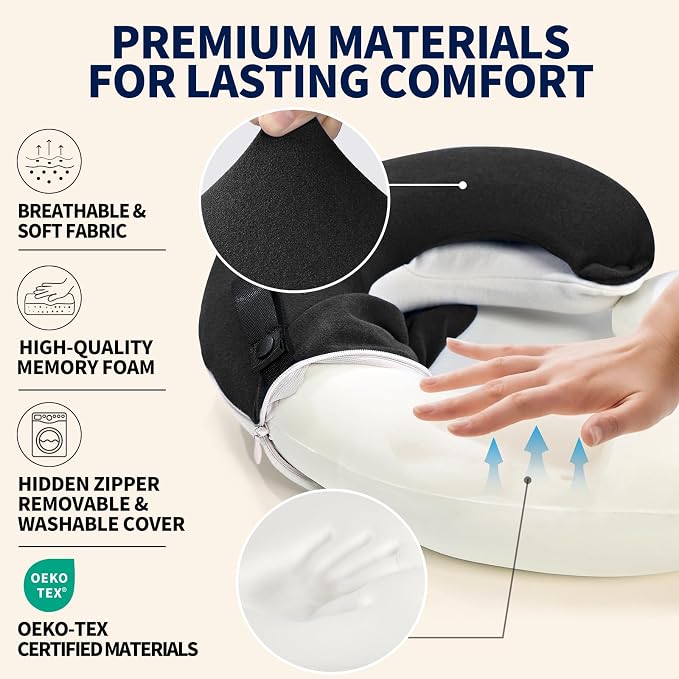 Travel Neck Pillows for Airplanes, Memory Foam 360° Head Support Sleep for Long Flight, Skin-Friendly & Breathable, Kit with Eye Mask, Earplugs and Storage Bag (Adult, Black, 90+ lbs) - Image 4